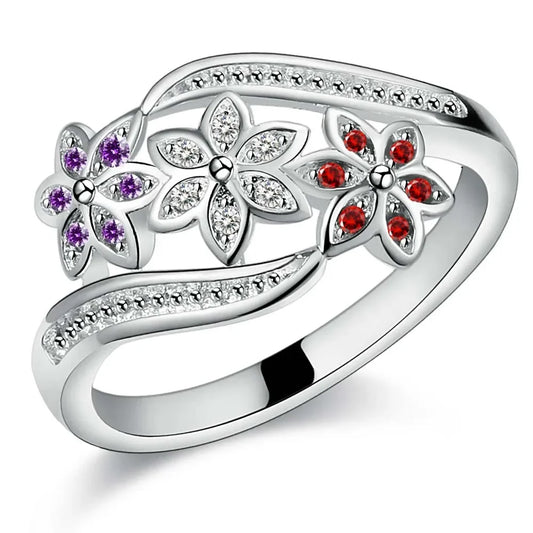 925 Sterling Silver High Quality For Women Lady Wedding Inlaid Stone Crystal Flower Ring Fashion  Jewelry